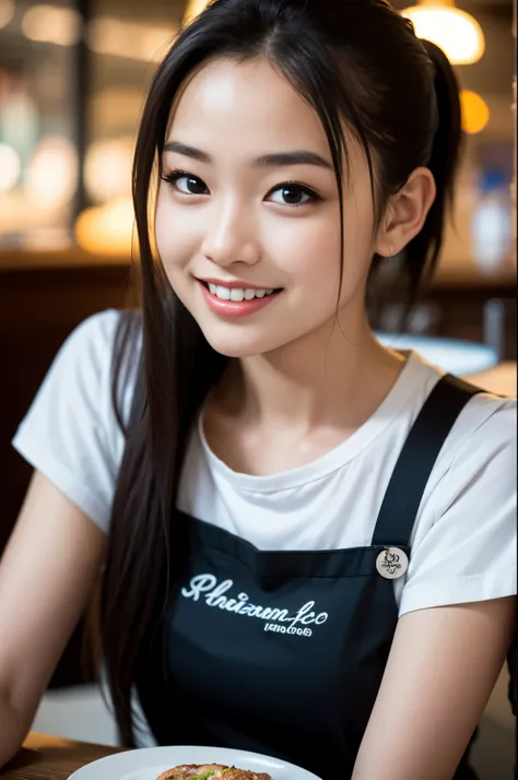  (8K, RAW photo, highest quality, masterpiece:1.3), (realistic, photo-realistic:1.4), (Highly detailed 8K wallpaper), sharp focus, Depth of written boundary,
 japanese idol,very cute,(baby face), (waitress:1.3),(ponytail:1.3), Look at us and smile, Upper b...