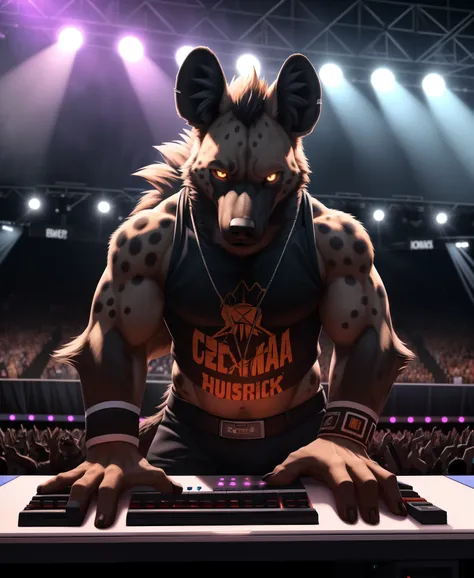 highest quality, incredible details, 8k uhd, a heavy_metal_band playing on a large stage with a female hyena playing_a_keyboard,...