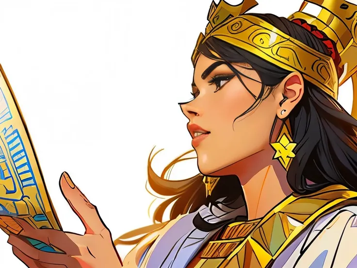 There is a young woman with a crown on her head. biblical costumes. biblical style. biblical setting. Estilo comics.