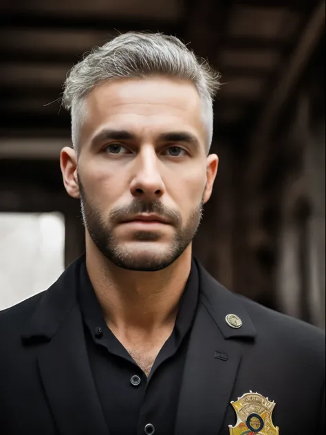 masterpiece, best quality, high resolution, closeup portrait, male focus, solo focus, A man, 35 years old, with firefighter uniform, closeup, firefighter suit, firefighter, bleached blonde silver hair, looking french, messy short hairstyle, lean body, cute...