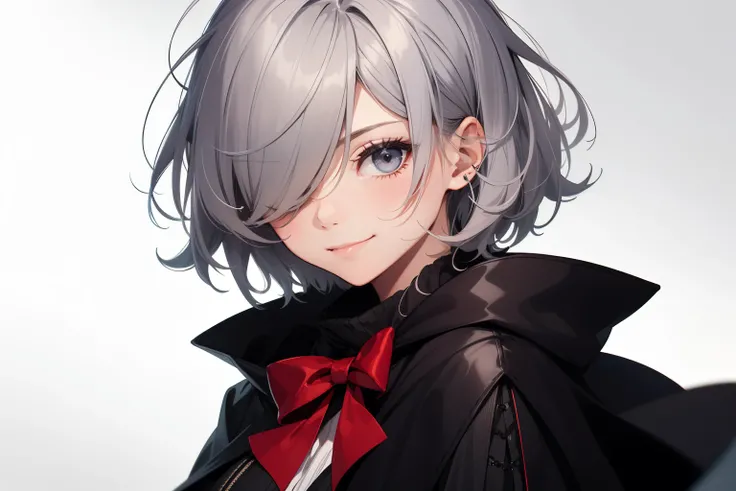 1 girl, gray eyes, short silver hair covering her eyes, black cloak, red bow, sádica, expressão louca, smilling, risada macabra, super detailed, no caminho da escola