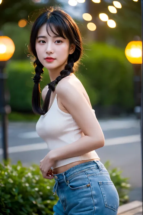 64K CG image of a Japanese woman in her 20s(super hyper real:1.5)Please generate it with。 BREAK, 
(A cute woman with a baby face and small breasts、Standing in a park in the city at night, shaking her black hair in twin tails.。she is in a tank top and hot p...