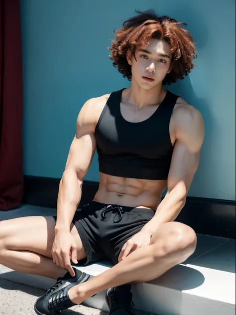 An 18 year old muscular boy who has red curly hair cyan eyes light skin very muscular shirtless with black short pants and black sneakers