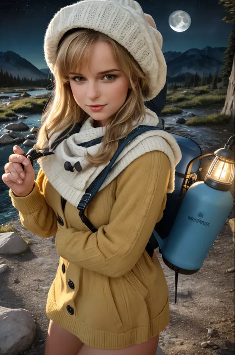 1 girl ((upper body selfie, happy)), masterpiece, best quality, ultra-detailed, solo, outdoor, (night), mountains, nature, (stars, moon) cheerful, happy, backpack, sleeping bag, camping stove, water bottle, mountain boots, gloves, sweater, hat, lantern, fo...