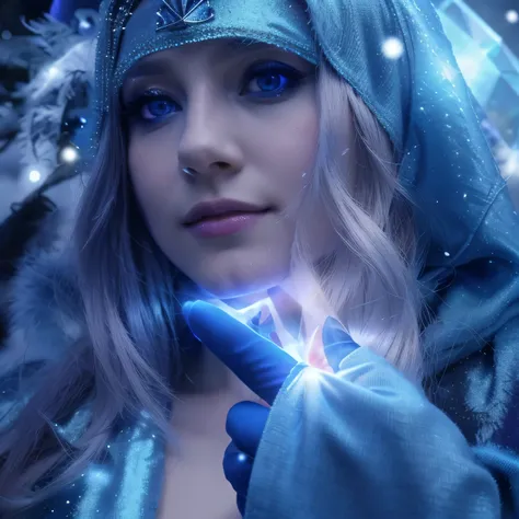 Young woman, Sorceress, The Crystal Maiden, DOTA2, Blue eyes, Arcane, particles, snowflakes, worlding effects, High quality, beautiful effects, world, Beautiful face, beautiful image, one hand is visible, hand in a blue glove, beautiful fingers, blue cryst...