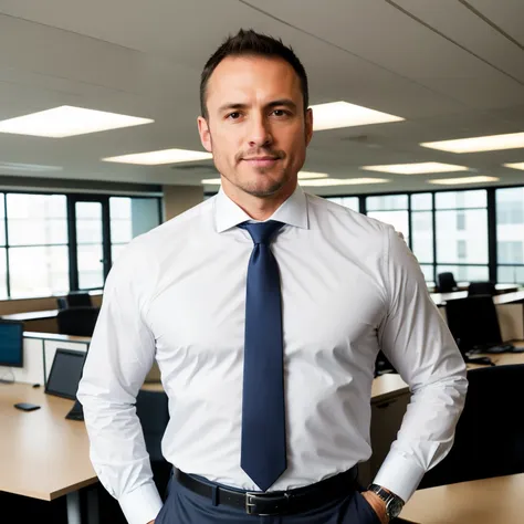 centered chest up portrait of  45 year old strong well built  white businessman in with business-casual attire, modern office ba...