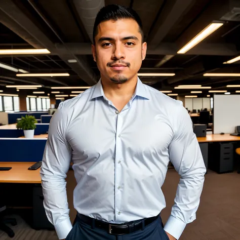 centered chest up portrait of 5 year old strong well built mexican  businessman in with business-casual attire, modern office ba...