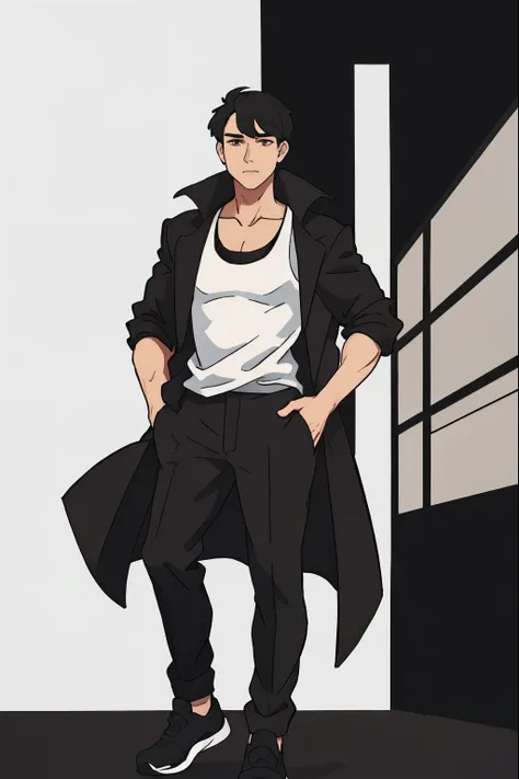 a tall white guy with black hair and a black tank top shirt with a brown coat and black pants brown eyes full body image