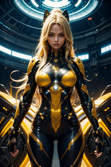 In the heart of a cutting-edge, technologically advanced battlefield, a powerful African girl warrior with slanted eyes assumes a commanding stance. Her sleek futuristic armor, meticulously crafted with intricate designs, radiant shine and yellow lights, h...