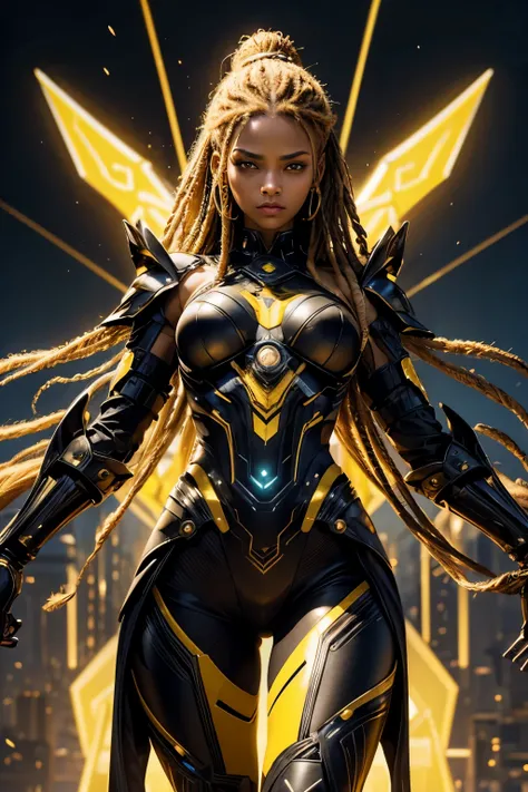 In the heart of a cutting-edge, technologically advanced battlefield, a powerful African girl warrior with slanted eyes assumes a commanding stance. Her sleek futuristic black and yellow armor, meticulously crafted with intricate designs, radiant shine and...