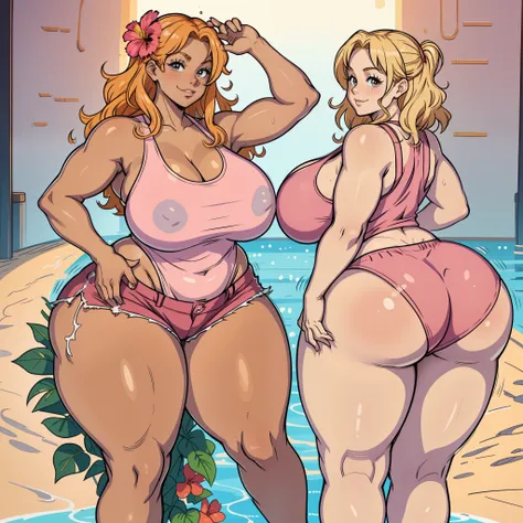 Best quality, duo mature woman, giant breasts, giant ass, very curvy, tanned skin, dyed curly blonde hair, salmon pink eyes, full lips, seductive, smiling, wet tank top, booty shorts, hibiscus flower, bimbos, thick thighs, curvy physique, twins