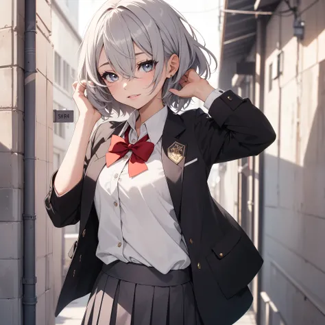 1 girl sombria, ((tímida)), gray eyes, short silver hair covering her eyes, black school uniform, red bow, super detailed, no caminho da escola