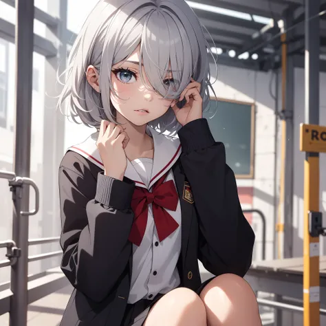 1 girl sombria, ((tímida)), gray eyes, short silver hair covering her eyes, black school uniform, red bow, super detailed, no caminho da escola