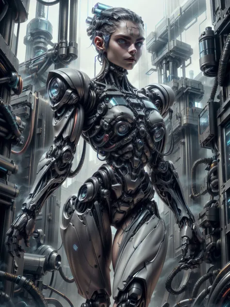 (1 girl), (beautiful borg queen:1.25), (cara delevingne:1.25), (robotic mechanical physique:1.25), (1 super muscular cyborg demoness:1.25), (covered in cables and mechanical muscles:1.25), (android muscular anatomy:1.25), (perfect fingers:1.25),(8k, RAW ph...