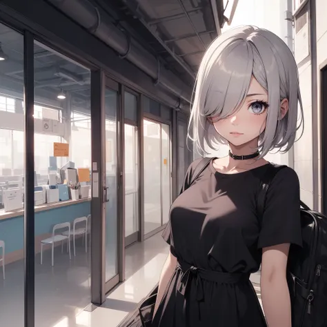 1 girl sombria, ((shy)), gray eyes, short silver hair covering her eyes, vestido lolita dark preto, super detailed, no caminho da escola