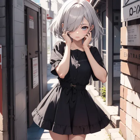 1 girl sombria, ((shy)), gray eyes, short silver hair covering her eyes, vestido lolita dark preto, super detailed, no caminho da escola