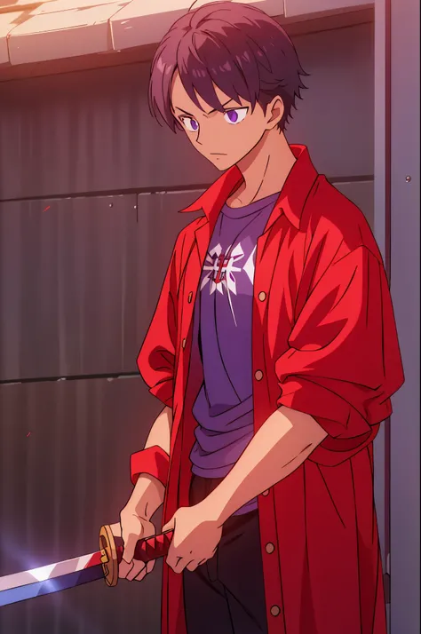 Character: 18 year old young man with purple short hair. He is dressed in red clothes, which emphasizes (empty look:1.4). He always has a katana with him, which he skillfully wields, sunlight in the background.