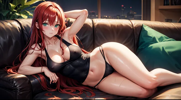 Very cozy scene. Anime girl in tank top and thong laying on sofa. She has medium sweaty breasts, long red hair and green eyes. She is very relaxed and a bit tired. Full body, beautiful, high detailed, masterpiece, realistic, 8k, realistic skin texture, atm...