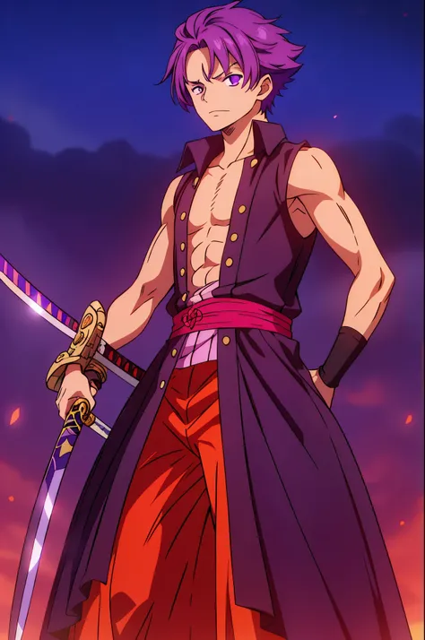 a pirate, 19 years, Hair purple, short hair, eyes purple, bright purple pupils, fancy dress dark red, Katana weapons, katana bright, full length, (boy:1.6), solo, In the hands of a katana