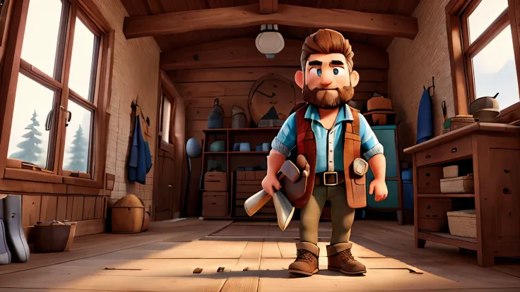 a lumberjack leaving home to work with an ax in his hand