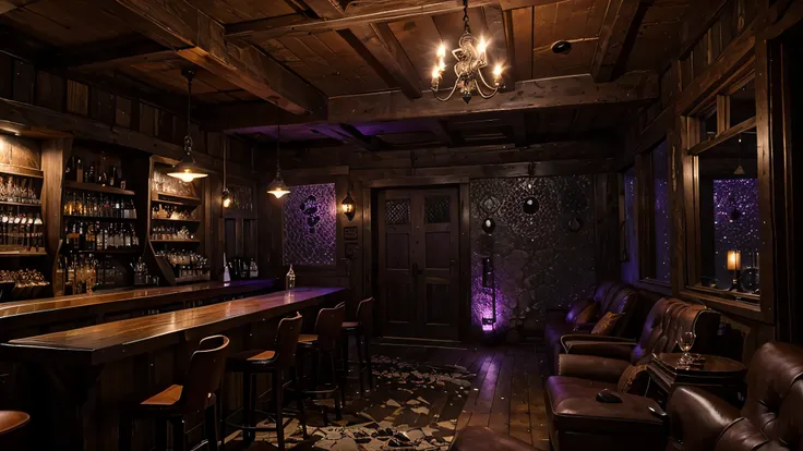 a rusting hunting lodge with full bar, dark purple crystals emit dim light