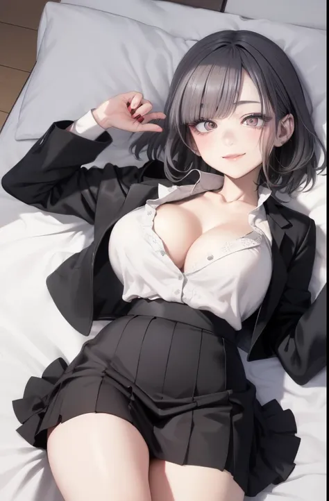 1 girl, smile, shirt, mini skirt, jirai fashion, jirai makeup、 big breasts、seductive cleavage、exquisite female body、detailed face、knowledgeable person、perfect human body、detailed background、lie on the bed、Longitudinal