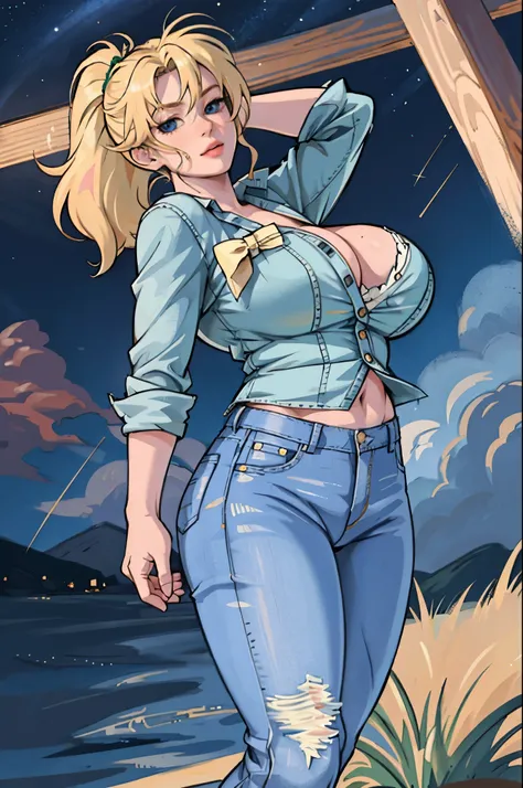 High resolution illustrations, unrivaled masterpiece, ultra-realistic 8k CG, perfect artwork, (fidelity: 1.5), farm, ranch, ((night)), cloudy, ((mature woman)), (((solo))), wet hair, blond hair, curly hair, single ponytail, blue eyes, huge tits, big ass, n...