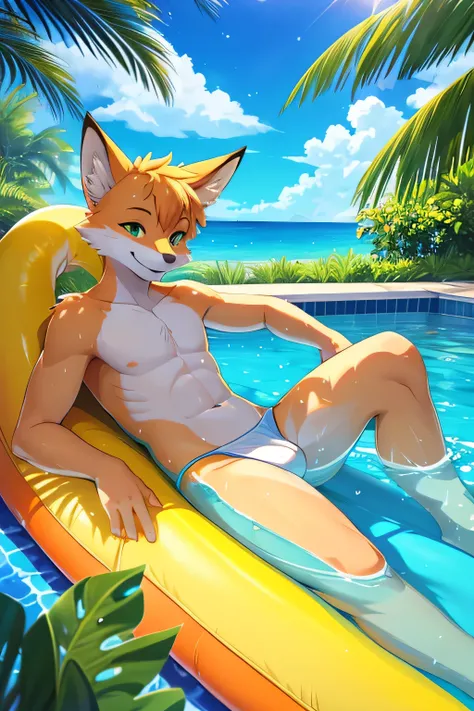 (best quality,4k,highres),tails the fox wearing speedo,floating in backyard pool,in a sunny summer afternoon,with crystal clear water,sparkling reflections,under vibrant blue sky,green trees on the side,with a pool ladder on one end,small water ripples,pla...