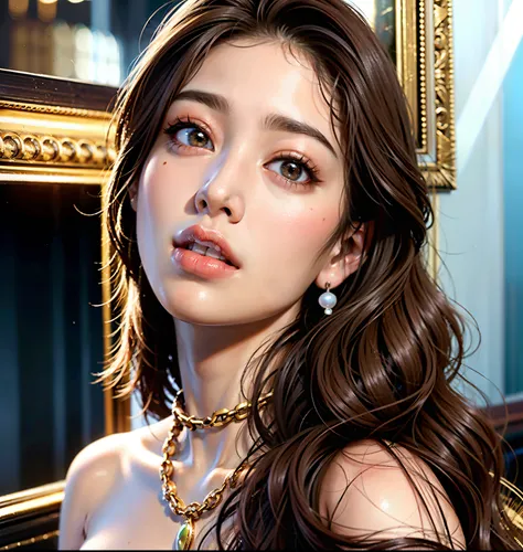 um close up de uma mulher com cabelos longos usando um colar, Retrato de Sophie Mudd,  with a pearl earring,  de 19 anos, 18 anos de idade, cabelos castanhos e olhos grandes, olhar sensual, lorde, rosto sexy com maquiagem completa, Anna Nikonova aka Newmil...