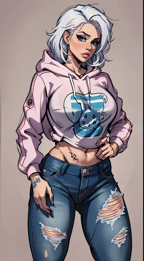 Cool and trendy rabbits, White hair, Blue eyes, Wear trendy hip-hop clothes, Wearing a hoodie, Graphic T-shirt and ripped jeans, Lots of tattoos and piercings, Doodle style background, Highly detailed background, perfect masterpiece, High quality, High res...