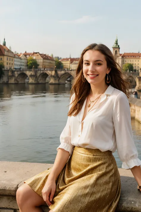 Real Czech girl, full body, radiant smile, brown cascading hair, perched on the edge of Charles Bridge, Prague. Sun-kissed day illuminates her features, with the golden sunlight reflecting off the water behind her. The vibrant colors of the scene contrast ...