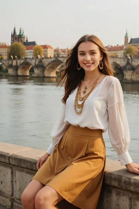 Real Czech girl, full body, radiant smile, brown cascading hair, perched on the edge of Charles Bridge, Prague. Sun-kissed day illuminates her features, with the golden sunlight reflecting off the water behind her. The vibrant colors of the scene contrast ...