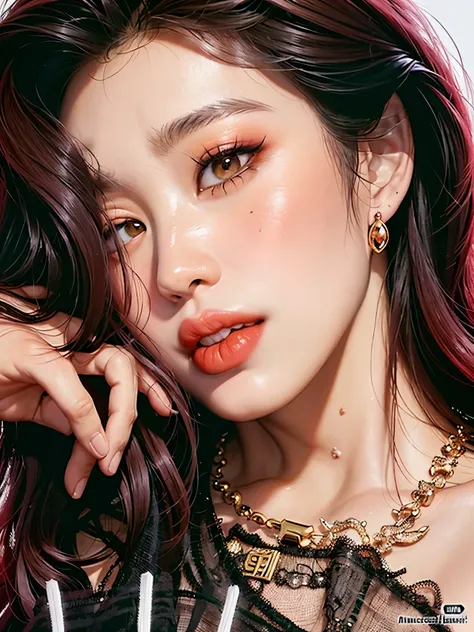 a close up of a woman with a lábios vermelhostick and a necklace, maquiagem sul-coreana popular, maquiagem coreana popular, small and thick lábios vermelhos, lábios vermelhos, lábios vermelhostick on face, jennie blackpink, both have lábios vermelhos, tons...