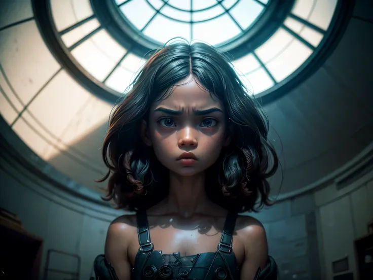 moody dystopian and thought-provoking: 2, ankymoore girl in an intricately detailed room, anamorphic lenses distorting the background, summer of 1987, expression suggesting a sense of unease, "Life is not what it used to be", fine details, intricate, extre...