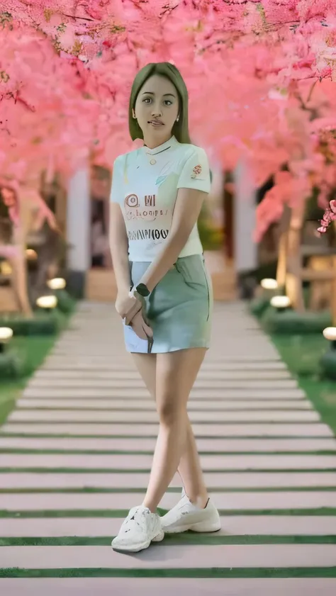 there is a woman standing under a tree with pink flowers, in style of lam manh, dang my linh, full body picture, mai anh tran, nivanh chanthara, full body photogenic shot, cindy avelino, woman model, profile photo, beautiful short skirt, profile pic, full ...