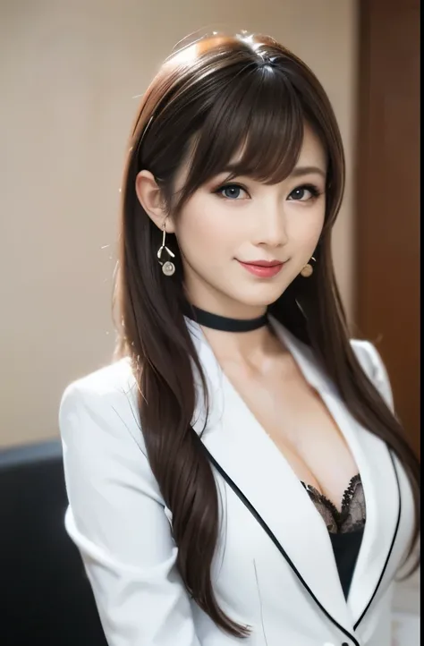 sculpture model、goddess smile(table top), (highest quality),Loose and fluffy hair,　Adult makeup,eye shadow,eyeliner,Teardrop Bag Makeup,glossy lips,26 years old,white suit , realistic pictures , office　, black choker , blue eyes , big breasts,bangs,Photogr...