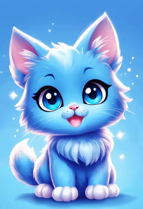 gato azul ,Bonitinho,estilo chibi,illustration,ultra-detalhado,frisky, cores vivas,sombreamento suave,grandes olhos brilhantes,pele fofa,patas para cima,fundo brilhante,sorridente