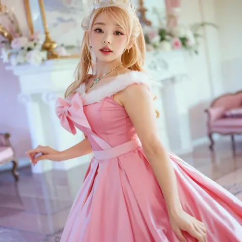 there is a woman in a pink dress posing for a picture, anime princess, beautiful princess, princess peach), wearing a pink ballroom gown, beautiful female princess, blonde - haired princess, elegant glamourous cosplay, dressed in a pink dress, anime girl c...