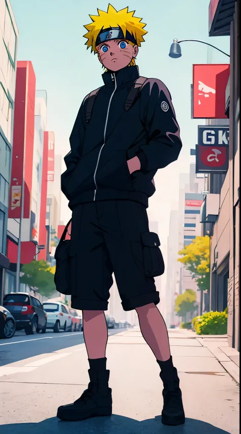 masterpiece, great style, street wear, outdoor, Half body, uzumaki naruto, blue eyes, yellow short hair,boy