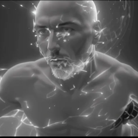 a close up of a man with a bald head and a beard, wearing epic bionic implants, houdini simulation, video still, quality astral projection render, stable diffusion self portrait, still from a music video, grainy black and white footage, cell shaded adult a...