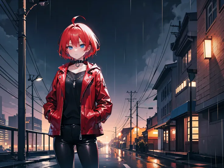 1girl, night city, rain, red leather jacket, hands in pockets, black clothes, black pants, gothic accessories, spiked choker, short side-swept red hair with ahoge, blue eyes