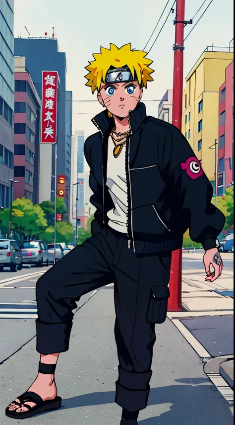 masterpiece, great style, street wear, outdoor, Half body,gold necklace、tattoo, uzumaki naruto, blue eyes, yellow short hair,boy