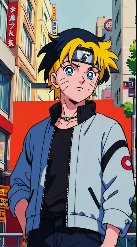 masterpiece, great style, street wear, outdoor, Half body,gold necklace、tattoo, uzumaki naruto, blue eyes, yellow short hair,boy