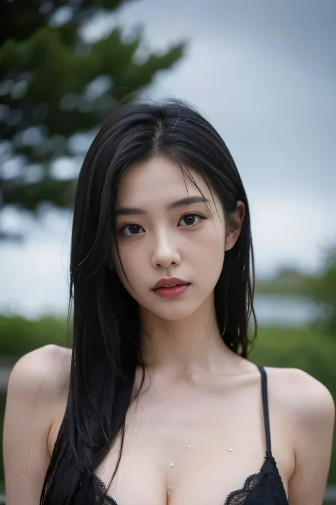 one woman,flashy underwear,sexy pose,,wet body,thin,wet hair,cute face,beautiful face,double eyelid,no makeup,cool face,medium long hair,black hair,black eye,outdoor,evening,rain,Mysterious,high quality,realistic,Japanese,Beautiful woman,gravure,adult woma...