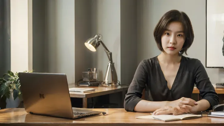 realistic digital illustration featuring a young Korean beautiful businesswoman in a modern studio. short bob haircut, She sits confidently at her desk, surrounded by a laptop, books, and a lamp. With an intense yet inviting gaze, she connects with an unse...