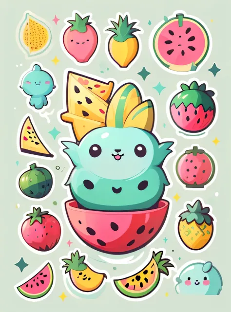 Adesivos individuais， 1 adesivo， （Melancia），（abacaxi），  fundo branco， Nada de fundo， Backgound simples， I dont know， adorable， cor pastel， estilo vetorial， do not classify，refinamento。Frutas diversas，Todos os tipos de animais bonitos