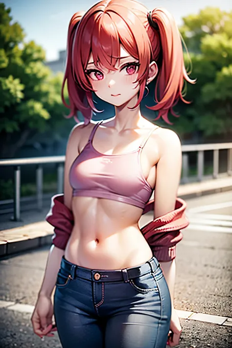 
young girl, red hair, girl, small breasts, twintail hair, pink bangs, pink eyes, black top shirt, blue jeans short, in a ´park, looking at viewer, 4k, masterpiece, 8k, detailed, Hd anime
