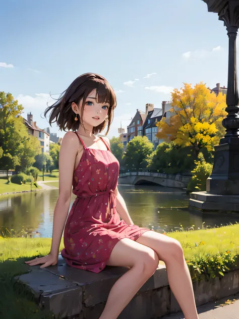 sitting on the bollard, spread her legs, all sorts of pattern of casual dress, tiny earrings, sweat, joying smile, in the park, pond, bridge, big sky, buildings, light-makeup,