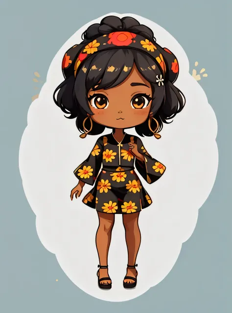 adesivo,1 garota, fundo floral, ebony woman wearing ankara dress with matching headscarf, chibi bonito