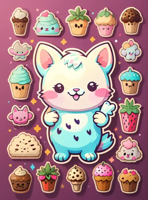 Adesivos individuais， 1 adesivo， （sorvete），（biscoitos），  fundo rosa， Nada de fundo， fundo simples， I dont know， adorable， cor pastel， estilo vetorial， sem gradiente，refinamento。Frutas diversas，Todos os tipos de animais bonitos